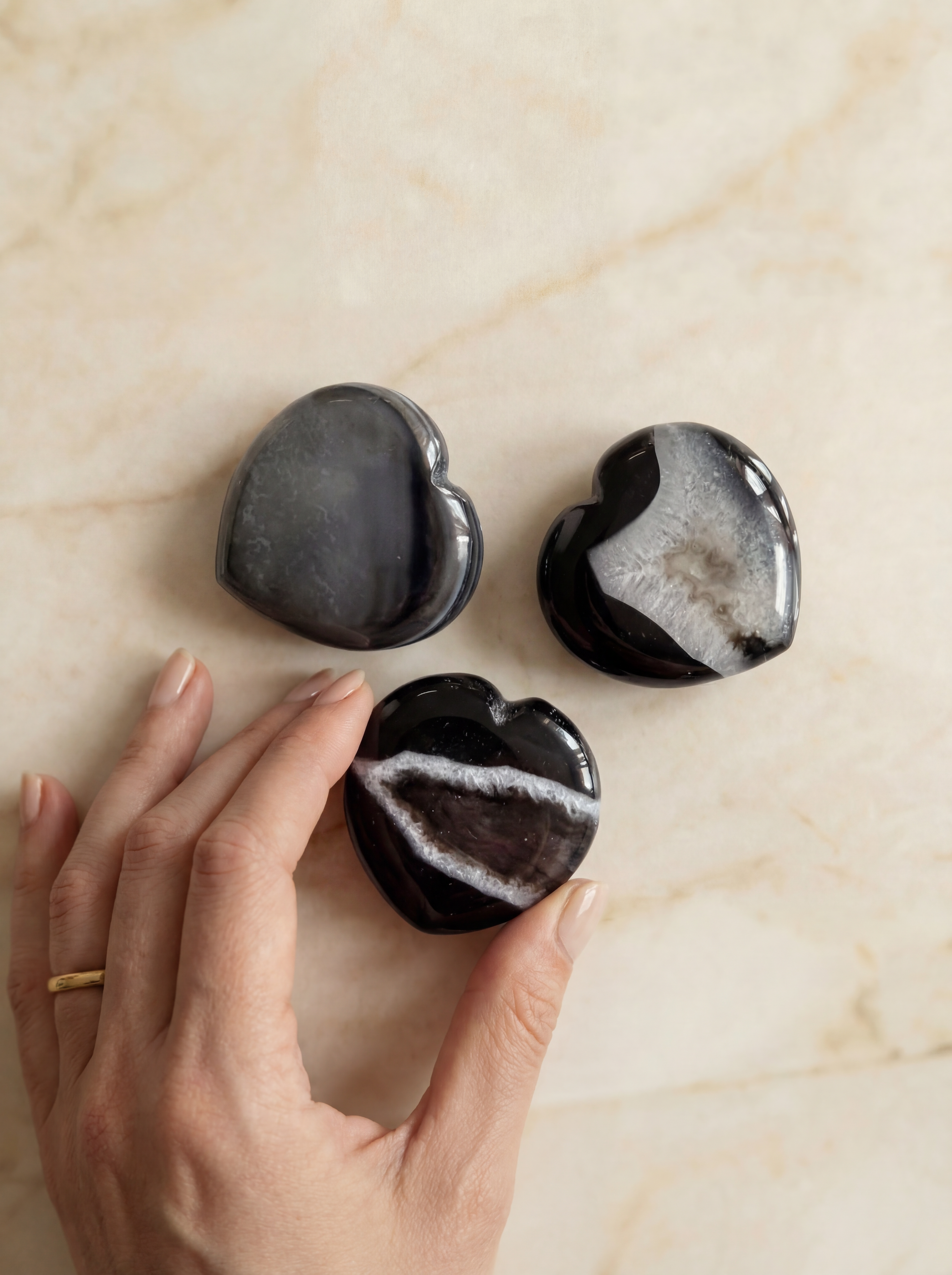 Natural Pocket Amulet Black Onyx & White Agate Geode Heart